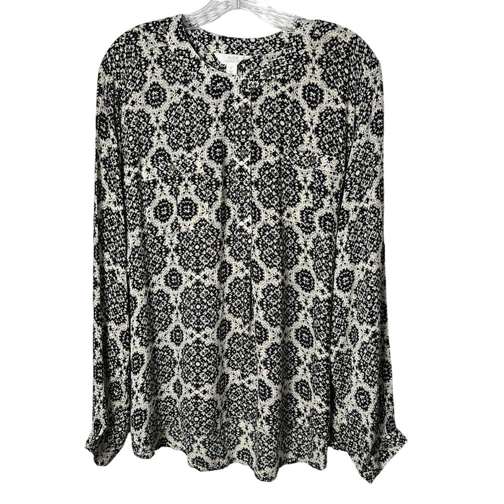 Sun & Shadow Women’s Beige Black Print Long Sleeve Top Hi-Lo Boho Size Large